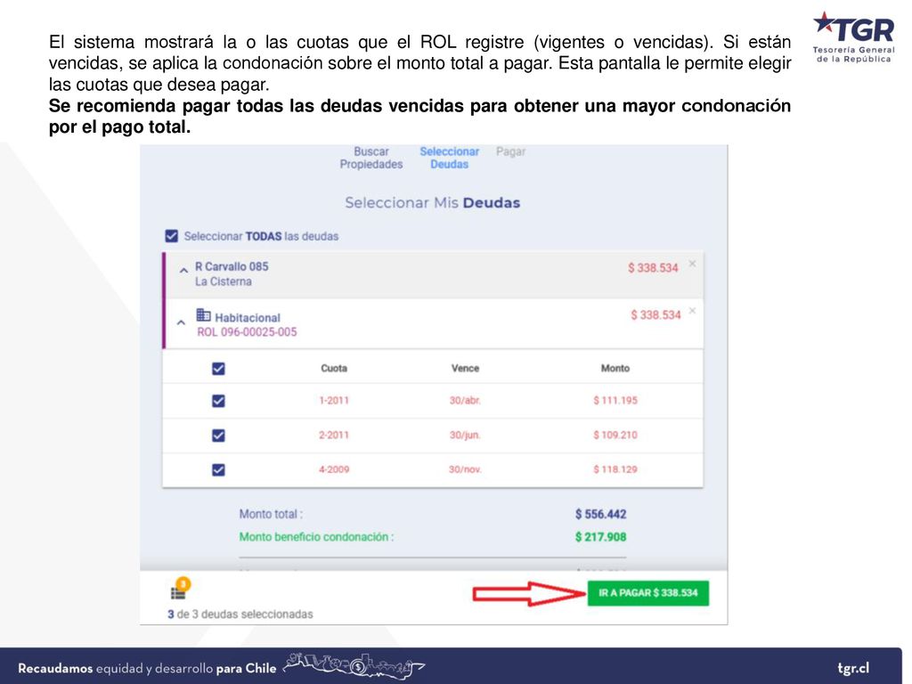 El sistema mostrará la o las cuotas que el ROL registre (vigentes o vencidas). Si están vencidas, se aplica la condonación sobre el monto total a pagar. Esta pantalla le permite elegir las cuotas que desea pagar.