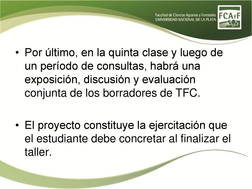 Por último, en la quinta clase y luego de un período de consultas, habrá una exposición, discusión y evaluación conjunta de los borradores de TFC.