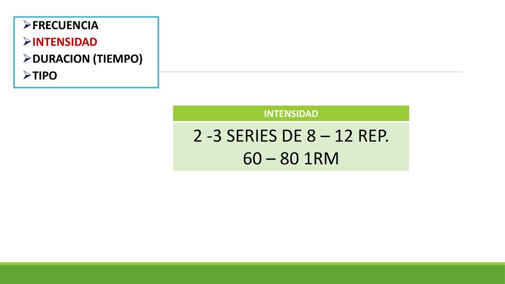 2 -3 SERIES DE 8 – 12 REP. 60 – 80 1RM FRECUENCIA INTENSIDAD