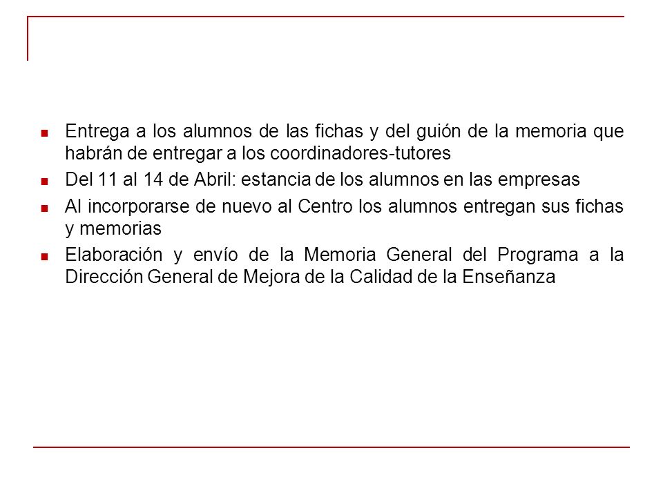 Entrega a los alumnos de las fichas y del guión de la memoria que habrán de entregar a los coordinadores-tutores