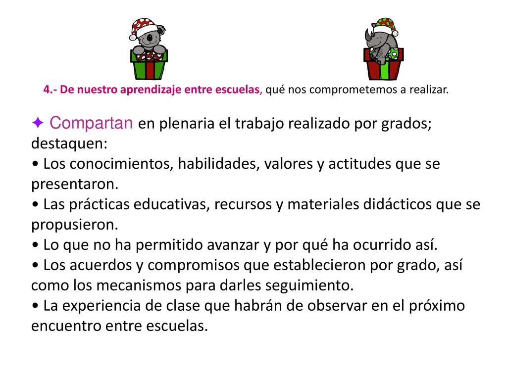 ✦ Compartan en plenaria el trabajo realizado por grados; destaquen: