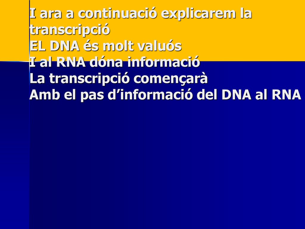 I ara a continuació explicarem la transcripció EL DNA és molt valuós I al RNA dóna informació La transcripció començarà Amb el pas d’informació del DNA al RNA