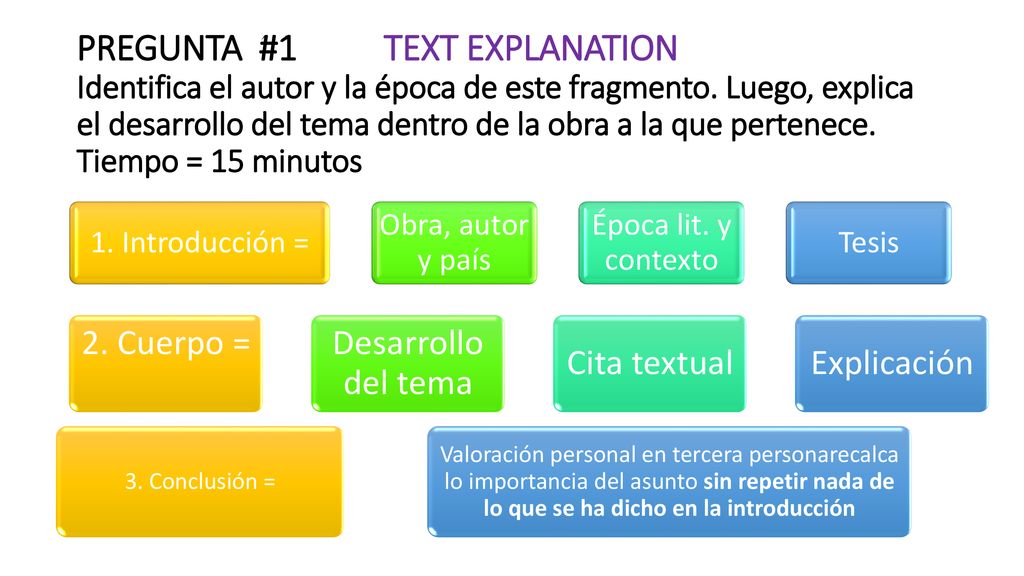 PREGUNTA #1 TEXT EXPLANATION Identifica el autor y la época de este fragmento. Luego, explica el desarrollo del tema dentro de la obra a la que pertenece. Tiempo = 15 minutos