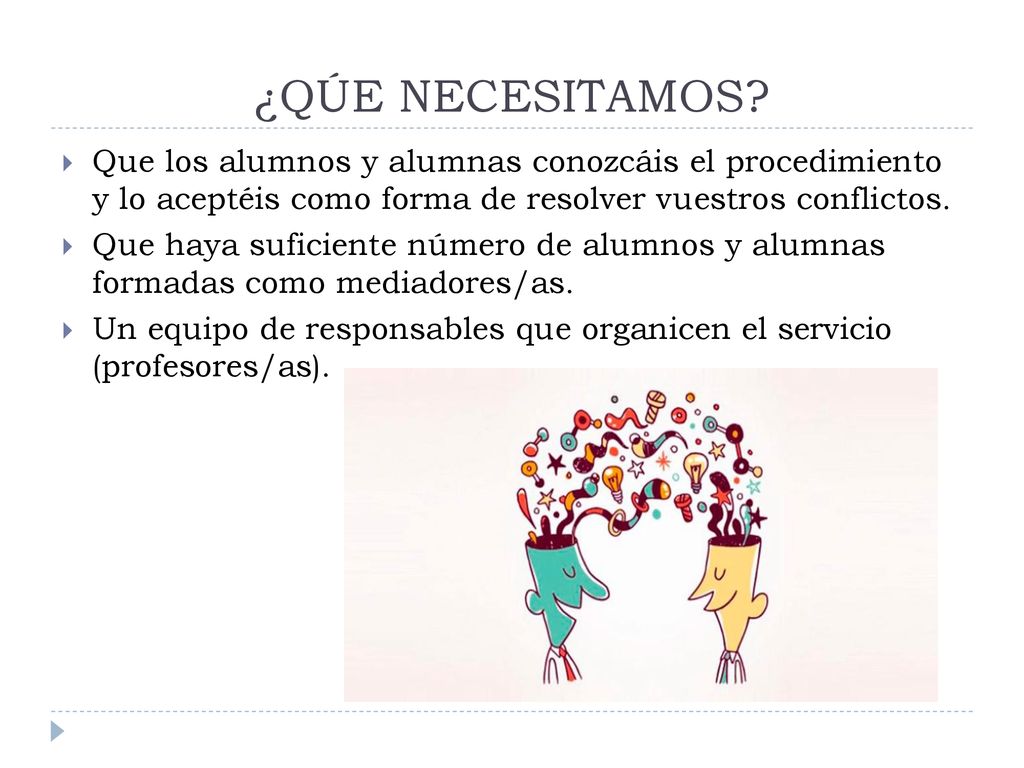¿QÚE NECESITAMOS Que los alumnos y alumnas conozcáis el procedimiento y lo aceptéis como forma de resolver vuestros conflictos.