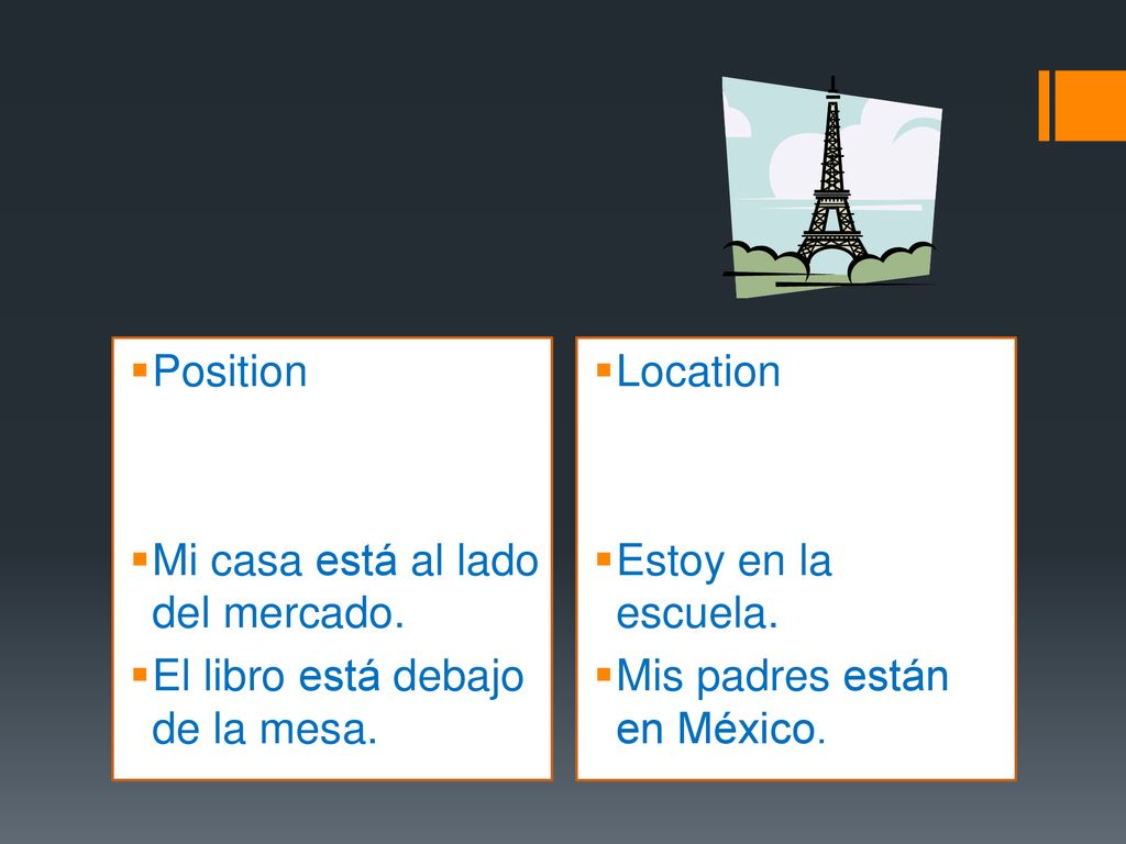 Position Mi casa está al lado del mercado. El libro está debajo de la mesa. Location. Estoy en la escuela.