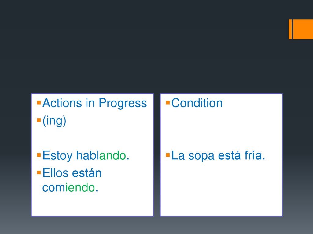 Actions in Progress (ing) Estoy hablando. Ellos están comiendo. Condition La sopa está fría.
