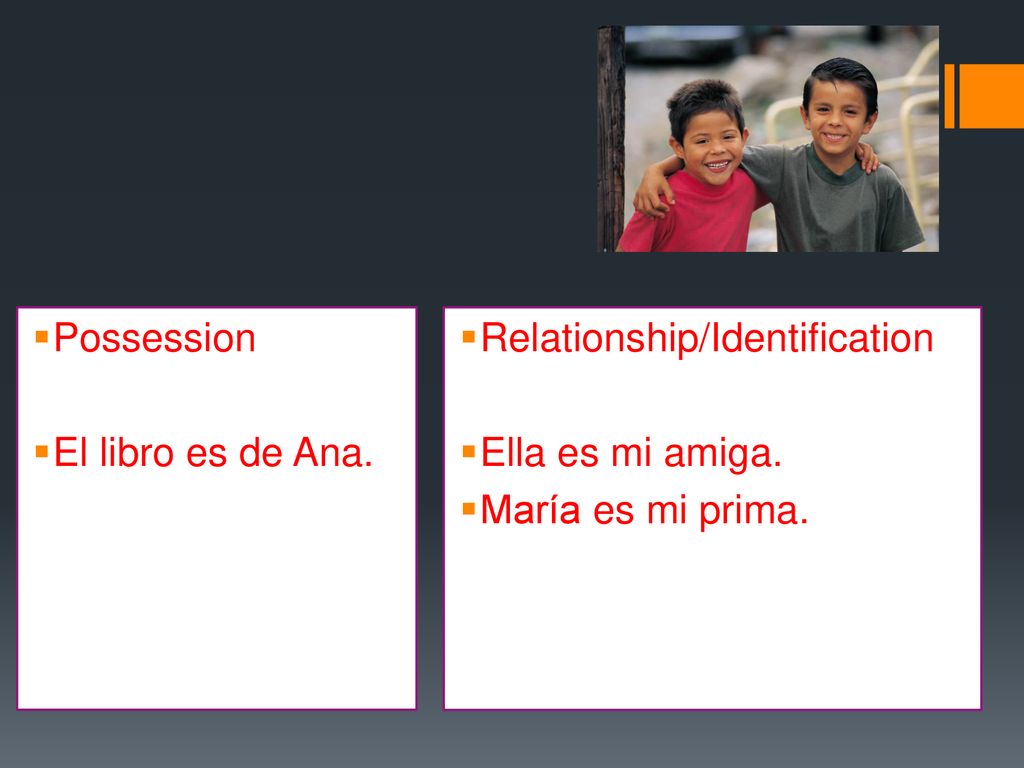 Possession El libro es de Ana. Relationship/Identification Ella es mi amiga. María es mi prima.