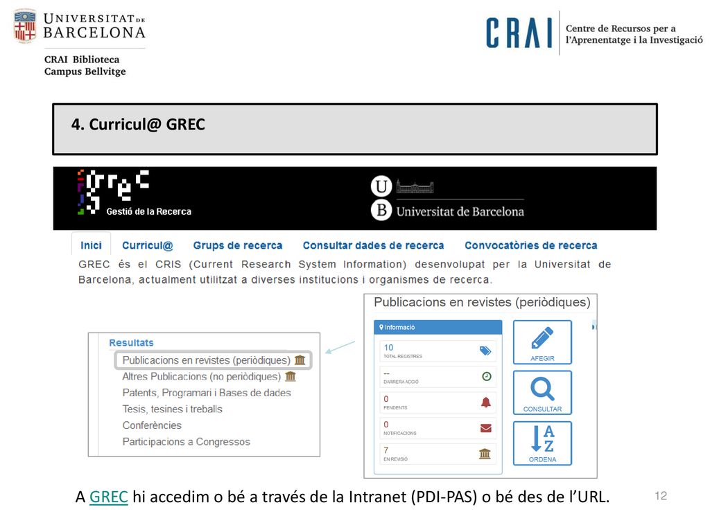 4. GREC A GREC hi accedim o bé a través de la Intranet (PDI-PAS) o bé des de l’URL.