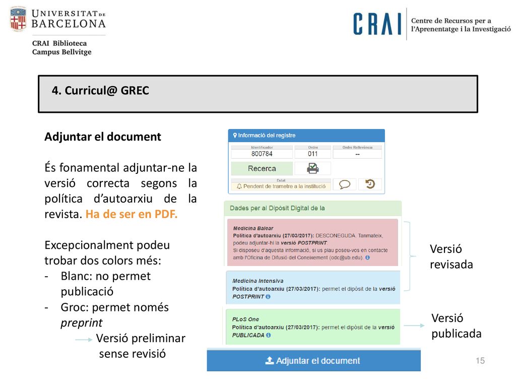 4. GREC Adjuntar el document. És fonamental adjuntar-ne la versió correcta segons la política d’autoarxiu de la revista. Ha de ser en PDF.
