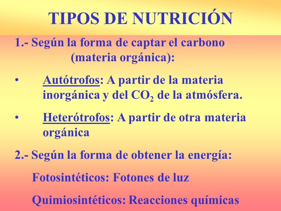 TIPOS DE NUTRICIÓN 1.- Según la forma de captar el carbono (materia orgánica):