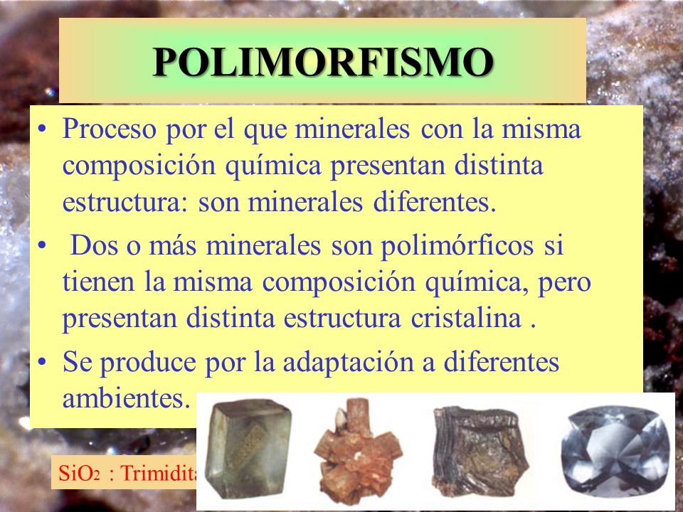 POLIMORFISMO Proceso por el que minerales con la misma composición química presentan distinta estructura: son minerales diferentes.