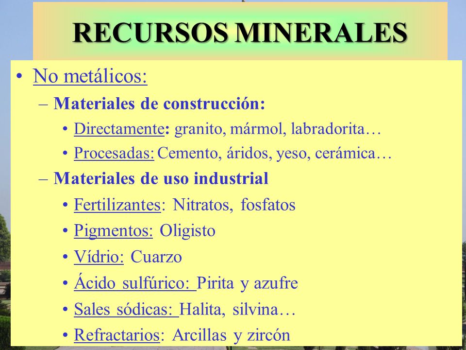 RECURSOS MINERALES No metálicos: Materiales de construcción: