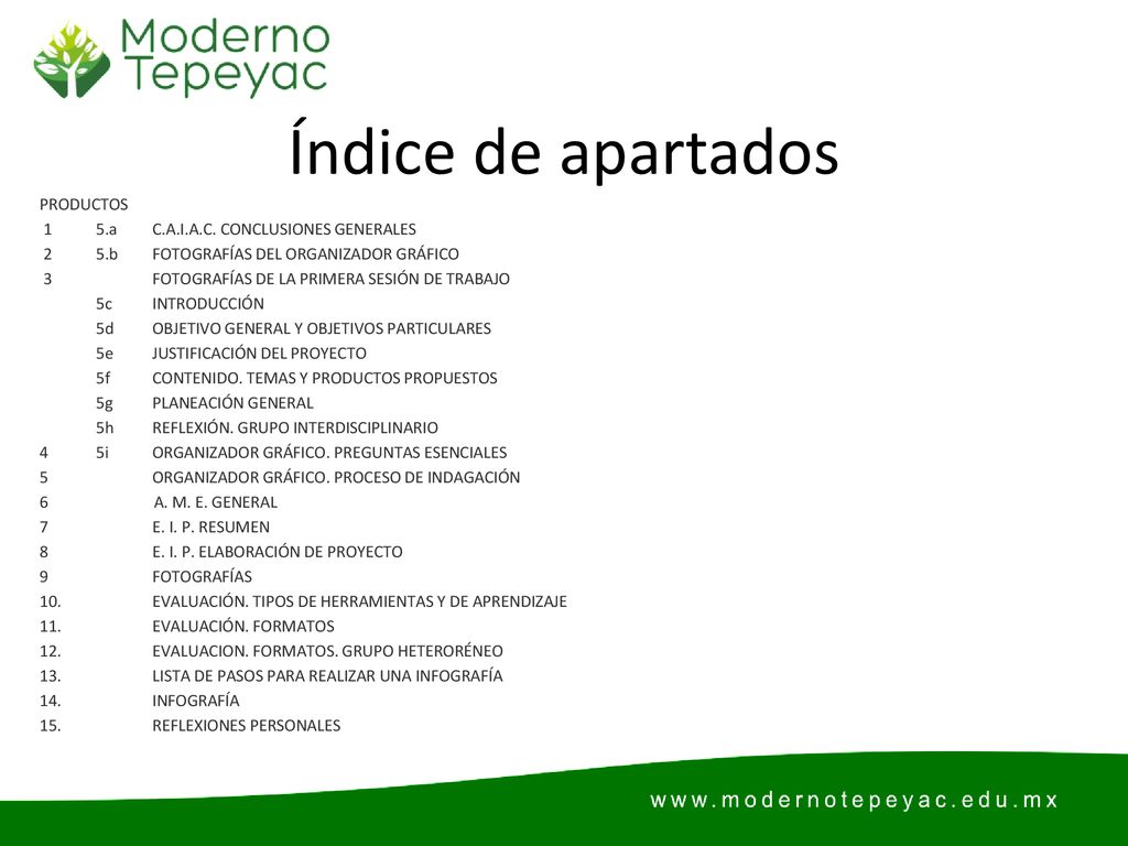 Índice de apartados PRODUCTOS 1 5.a C.A.I.A.C. CONCLUSIONES GENERALES