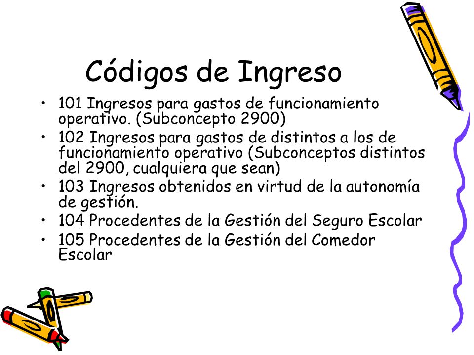 Códigos de Ingreso 101 Ingresos para gastos de funcionamiento operativo. (Subconcepto 2900)