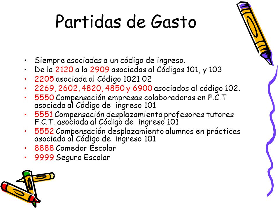 Partidas de Gasto Siempre asociadas a un código de ingreso.