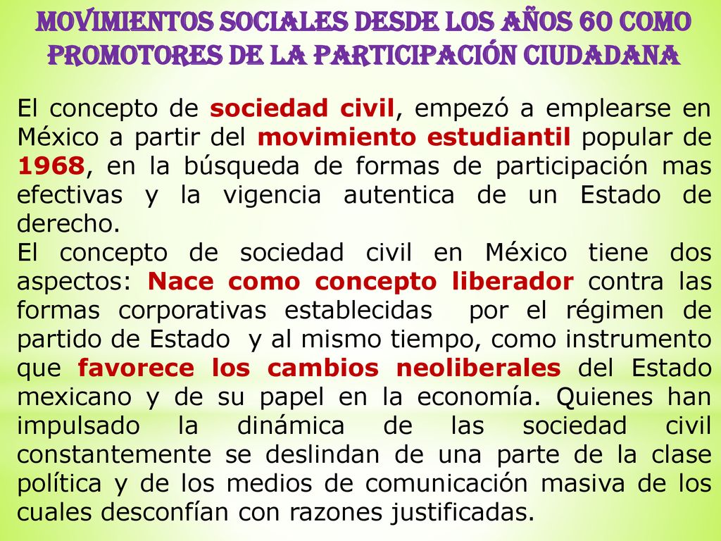 MOVIMIENTOS SOCIALES DESDE LOS AÑOS 60 COMO PROMOTORES DE LA PARTICIPACIÓN CIUDADANA