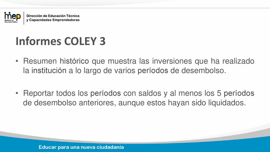 Informes COLEY 3 Resumen histórico que muestra las inversiones que ha realizado la institución a lo largo de varios períodos de desembolso.