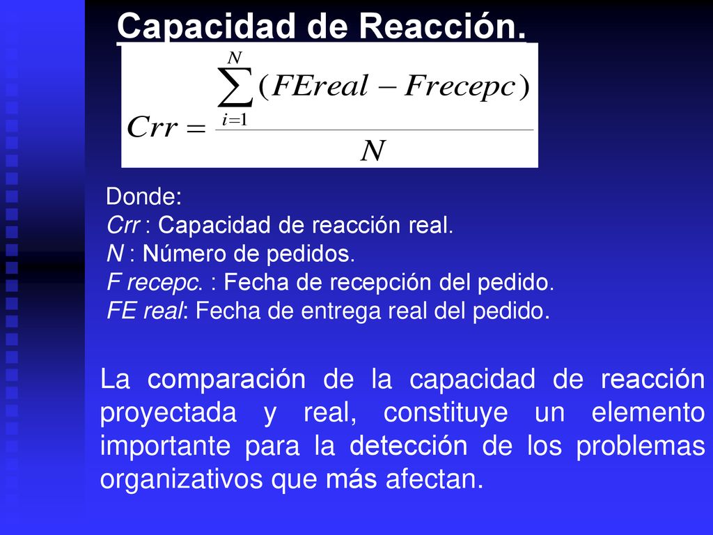 Capacidad de Reacción. Donde: Crr : Capacidad de reacción real. N : Número de pedidos. F recepc. : Fecha de recepción del pedido.