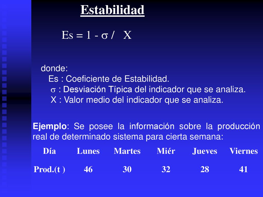 Estabilidad Es = 1 -  / X donde: Es : Coeficiente de Estabilidad.