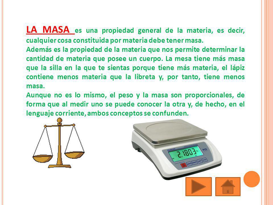 LA MASA es una propiedad general de la materia, es decir, cualquier cosa constituida por materia debe tener masa.