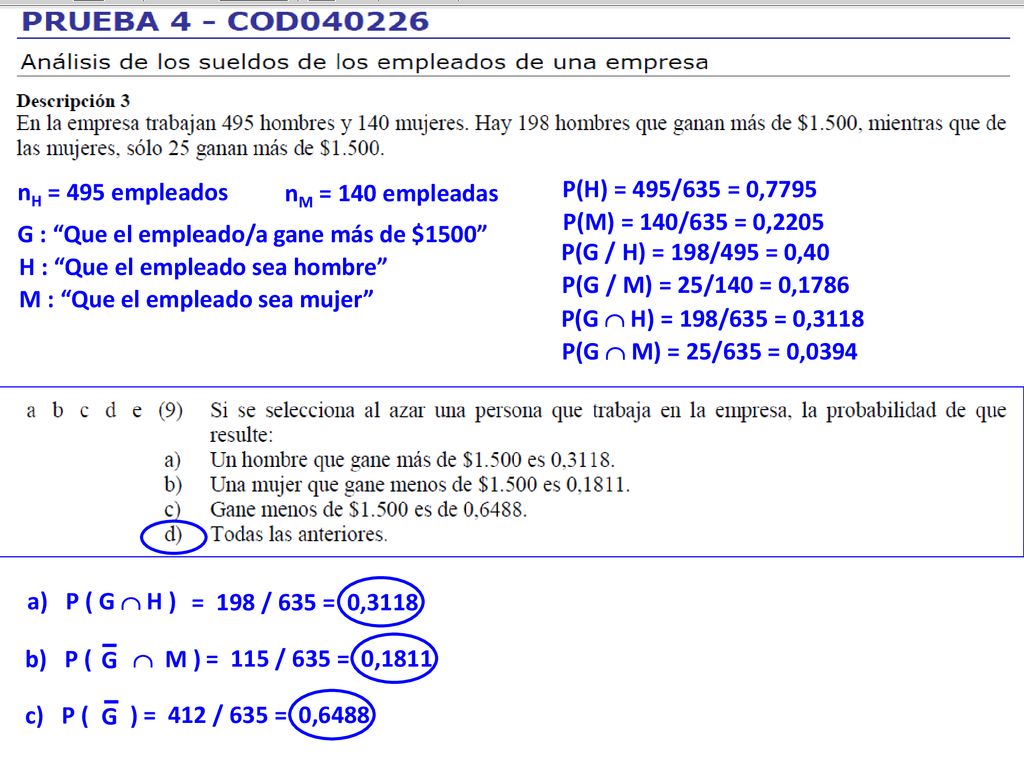 nH = 495 empleados nM = 140 empleadas. P(H) = 495/635 = 0,7795. P(M) = 140/635 = 0,2205. G : Que el empleado/a gane más de $1500