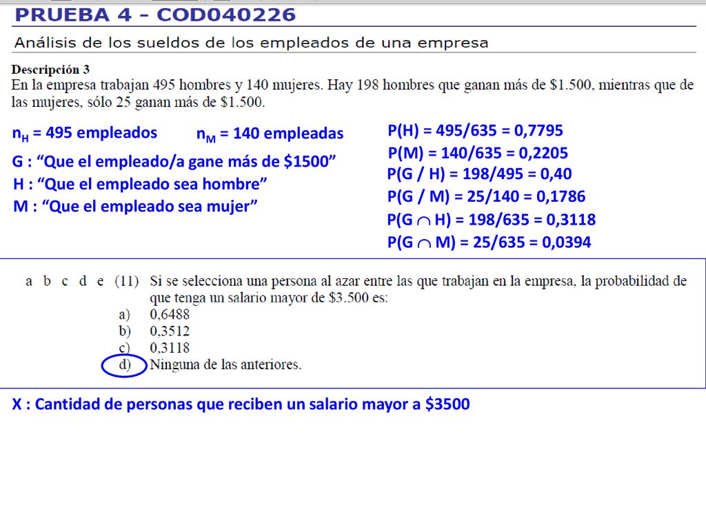 nH = 495 empleados nM = 140 empleadas. P(H) = 495/635 = 0,7795. P(M) = 140/635 = 0,2205. G : Que el empleado/a gane más de $1500