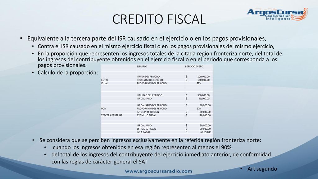 CREDITO FISCAL Equivalente a la tercera parte del ISR causado en el ejercicio o en los pagos provisionales,