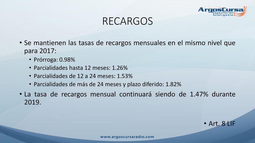 RECARGOS Se mantienen las tasas de recargos mensuales en el mismo nivel que para 2017: Prórroga: 0.98%