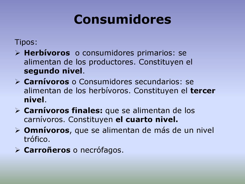 Consumidores Tipos: Herbívoros o consumidores primarios: se alimentan de los productores. Constituyen el segundo nivel.