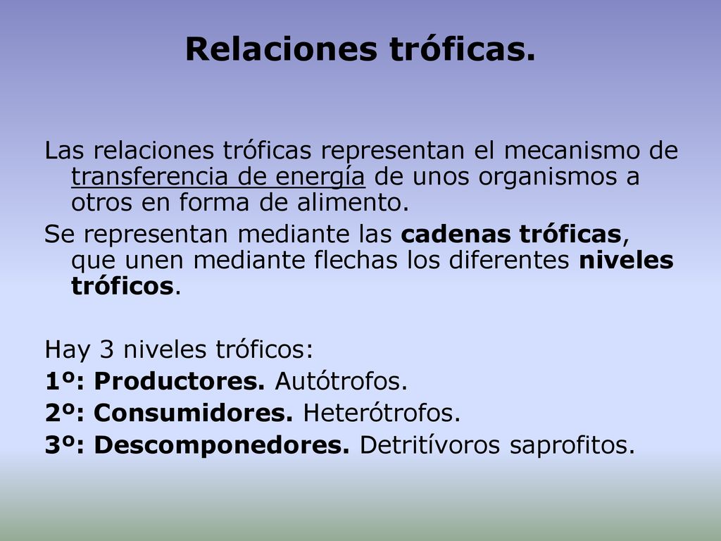 Relaciones tróficas. Las relaciones tróficas representan el mecanismo de transferencia de energía de unos organismos a otros en forma de alimento.