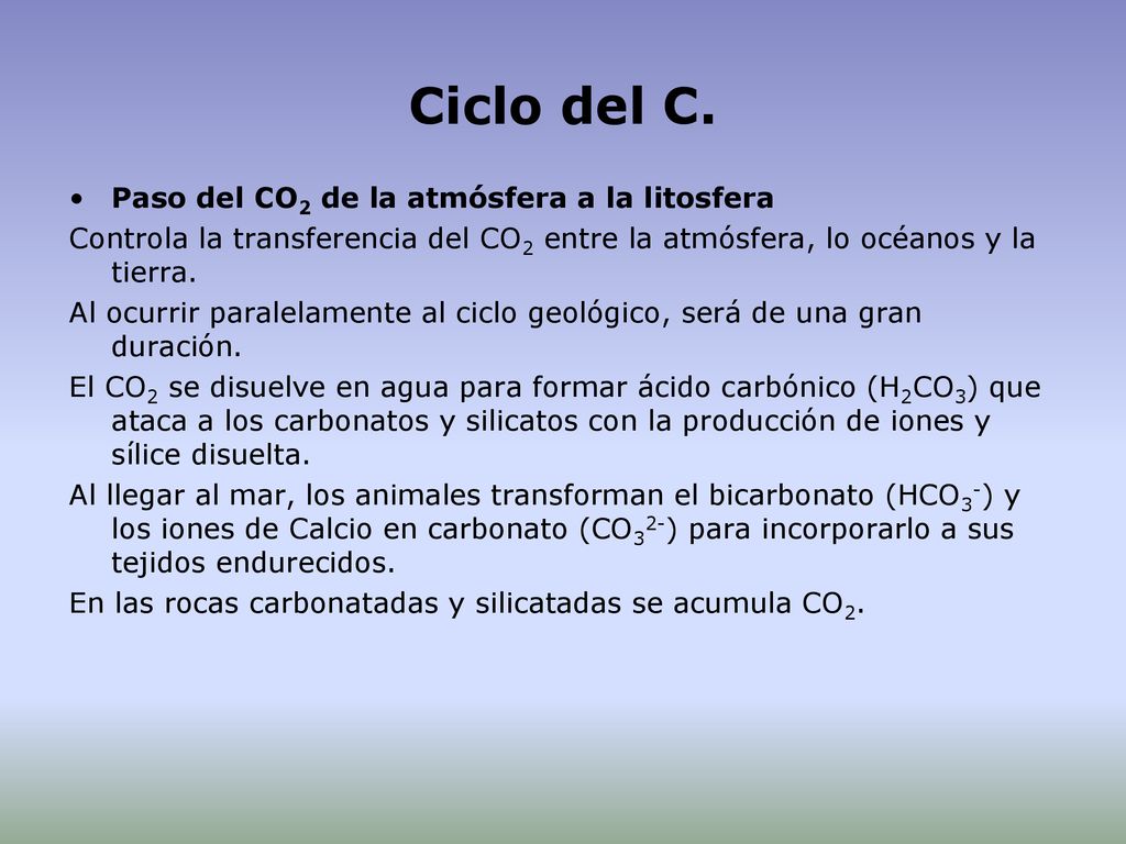 Ciclo del C. Paso del CO2 de la atmósfera a la litosfera