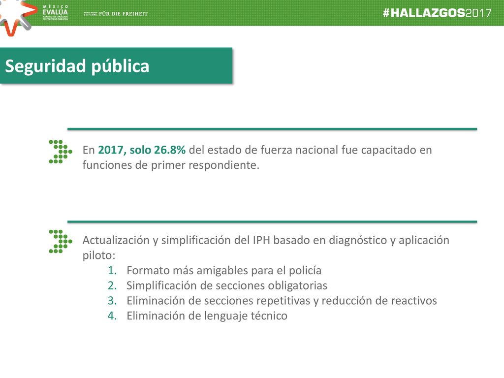 Seguridad pública En 2017, solo 26.8% del estado de fuerza nacional fue capacitado en funciones de primer respondiente.