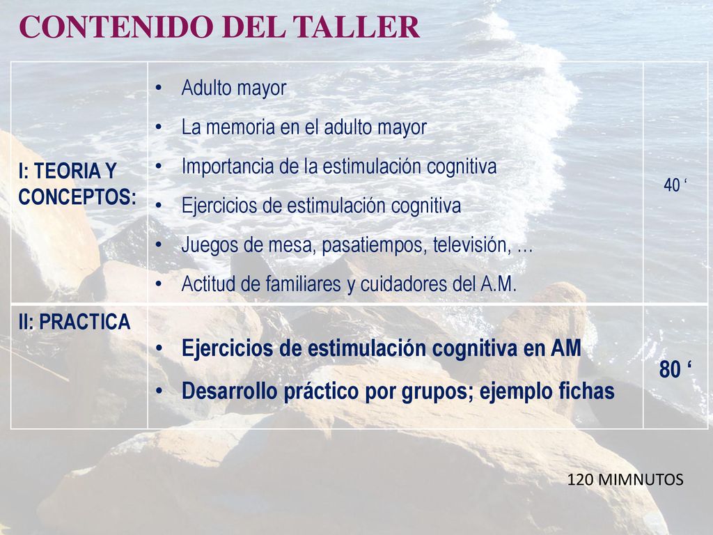 CONTENIDO DEL TALLER Ejercicios de estimulación cognitiva en AM 80 ‘