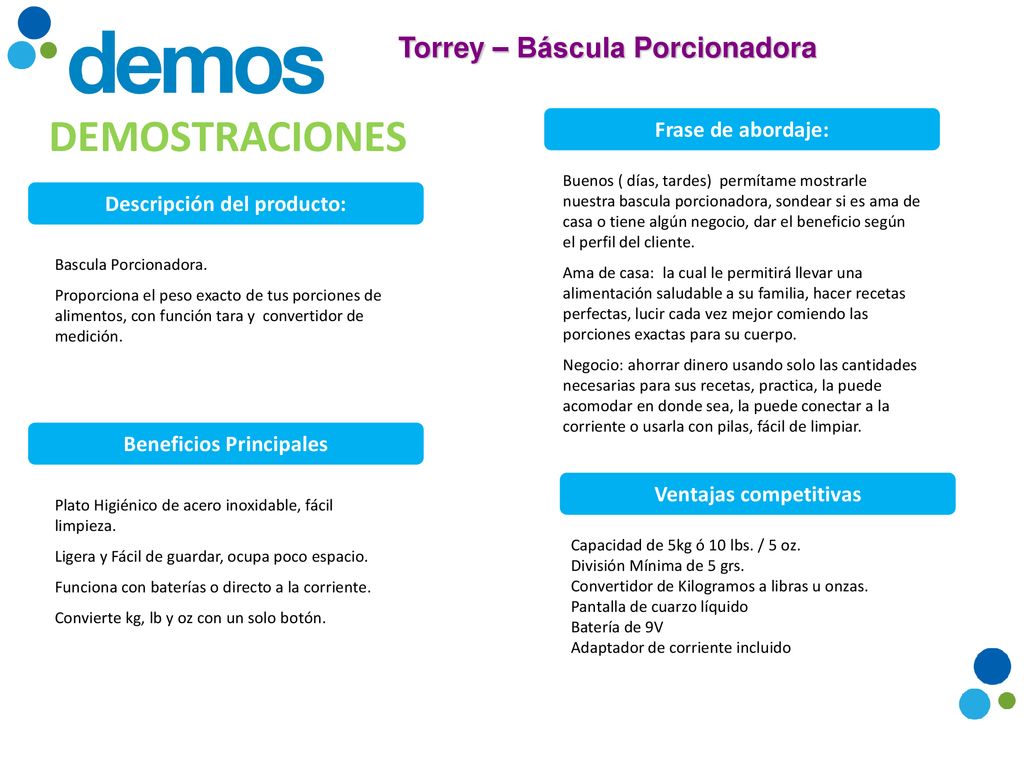 DEMOSTRACIONES Torrey – Báscula Porcionadora Frase de abordaje:
