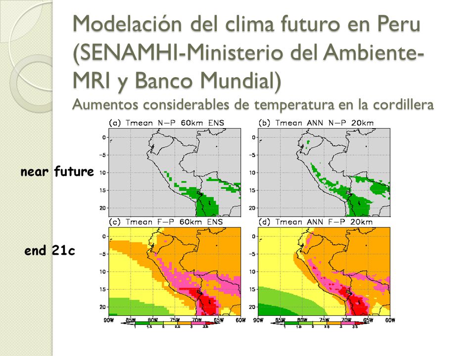 Modelación del clima futuro en Peru (SENAMHI-Ministerio del Ambiente-MRI y Banco Mundial) Aumentos considerables de temperatura en la cordillera
