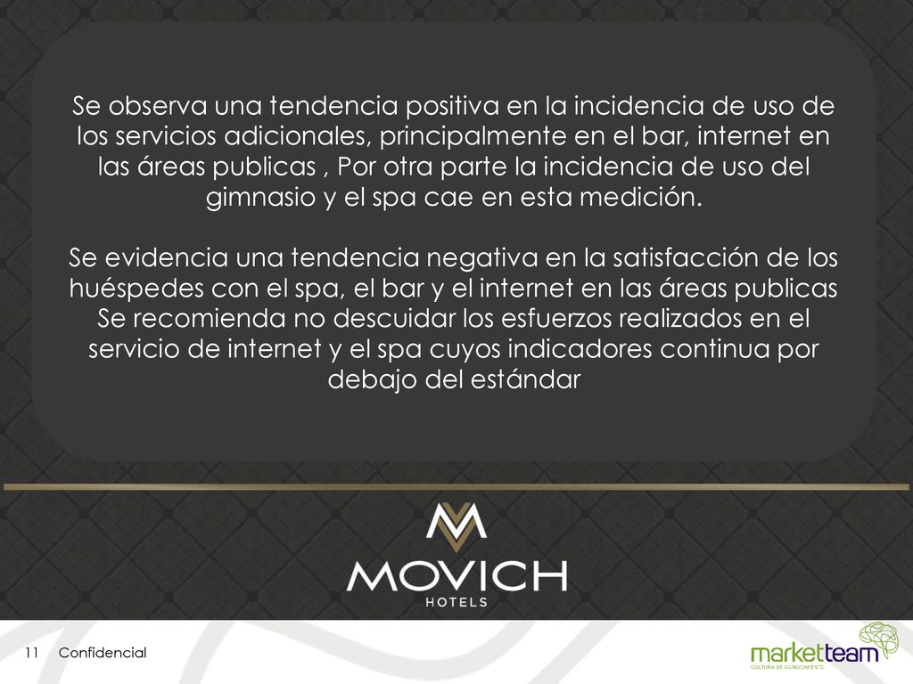 Se observa una tendencia positiva en la incidencia de uso de los servicios adicionales, principalmente en el bar, internet en las áreas publicas , Por otra parte la incidencia de uso del gimnasio y el spa cae en esta medición.