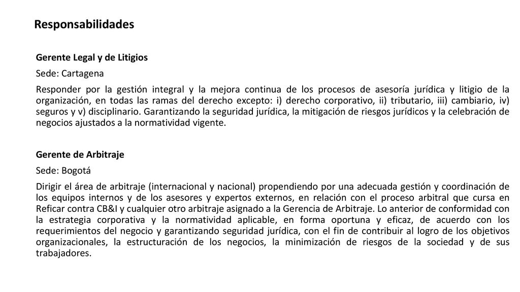 2. Responsabilidades Gerente Legal y de Litigios Sede: Cartagena
