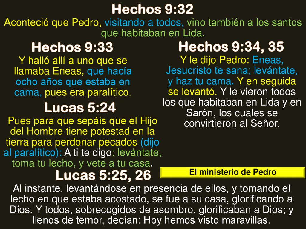 Hechos 9:32 Hechos 9:33 Hechos 9:34, 35 Lucas 5:24 Lucas 5:25, 26