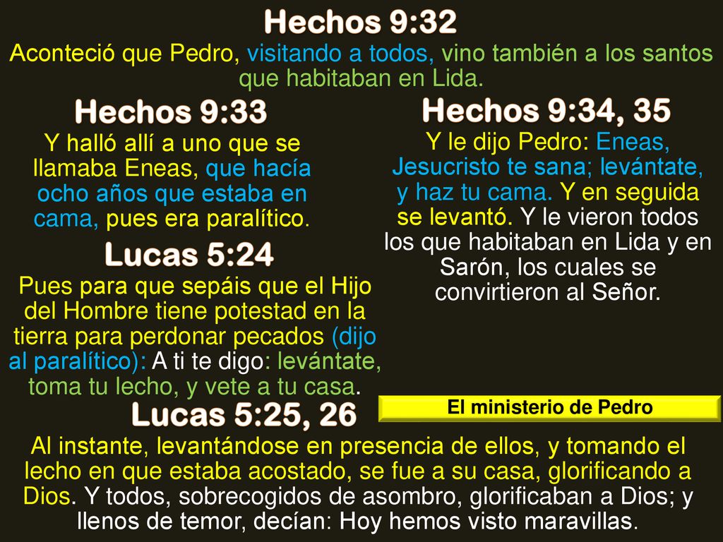 Hechos 9:32 Hechos 9:33 Hechos 9:34, 35 Lucas 5:24 Lucas 5:25, 26
