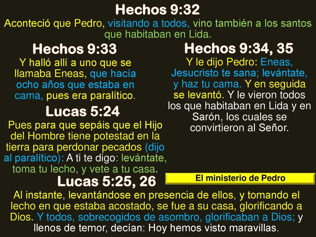 Hechos 9:32 Hechos 9:33 Hechos 9:34, 35 Lucas 5:24 Lucas 5:25, 26