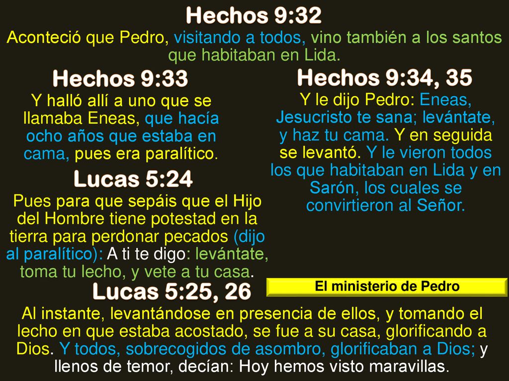 Hechos 9:32 Hechos 9:33 Hechos 9:34, 35 Lucas 5:24 Lucas 5:25, 26