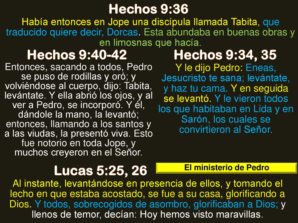 Hechos 9:36 Hechos 9:40-42 Hechos 9:34, 35 Lucas 5:25, 26