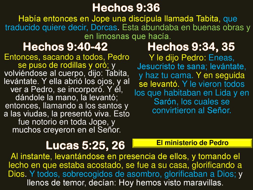Hechos 9:36 Hechos 9:40-42 Hechos 9:34, 35 Lucas 5:25, 26