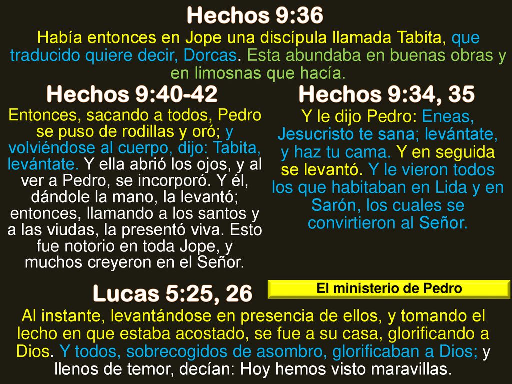 Hechos 9:36 Hechos 9:40-42 Hechos 9:34, 35 Lucas 5:25, 26