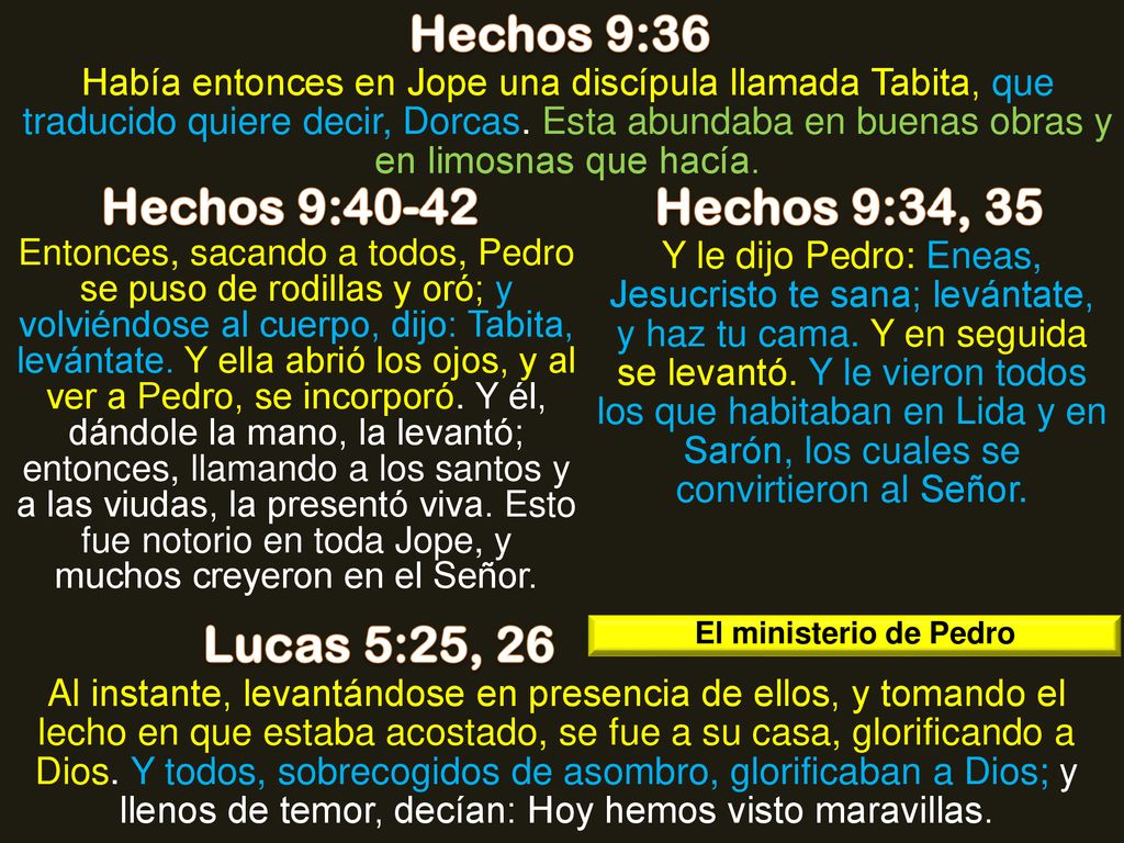 Hechos 9:36 Hechos 9:40-42 Hechos 9:34, 35 Lucas 5:25, 26