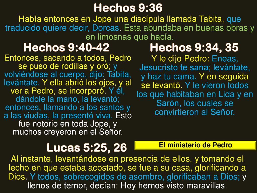 Hechos 9:36 Hechos 9:40-42 Hechos 9:34, 35 Lucas 5:25, 26