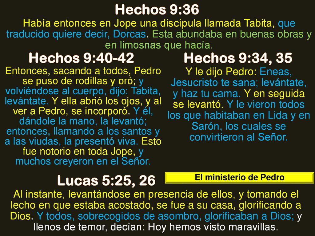 Hechos 9:36 Hechos 9:40-42 Hechos 9:34, 35 Lucas 5:25, 26