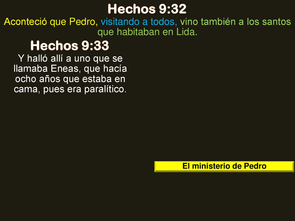 Hechos 9:32 Aconteció que Pedro, visitando a todos, vino también a los santos que habitaban en Lida.