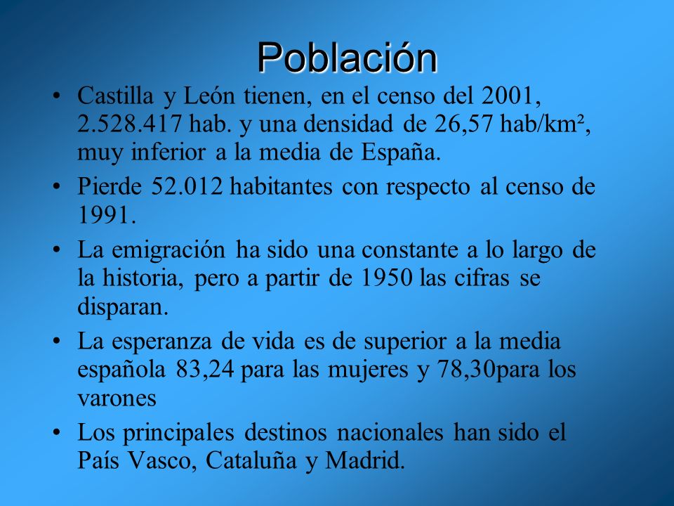 Población Castilla y León tienen, en el censo del 2001, hab. y una densidad de 26,57 hab/km², muy inferior a la media de España.
