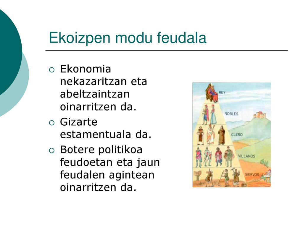 Ekoizpen modu feudala Ekonomia nekazaritzan eta abeltzaintzan oinarritzen da. Gizarte estamentuala da.